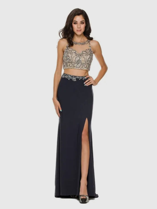 TWO PIECE BEAD EMBELLISHED TOP EVENING DRESS