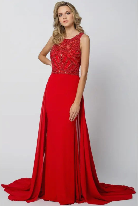 JEWEL EMBELLISHED AND TRAIN EVENING GOWN